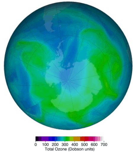 False-color view of total ozone over the Antarctic pole. The purple and blue colors are where there is the least ozone, and the yellows and reds are where there is more ozone. Feb 2021
