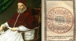 Pope Gregory XIII and a page from his reformed calendar that corrected the previous Julian calendar