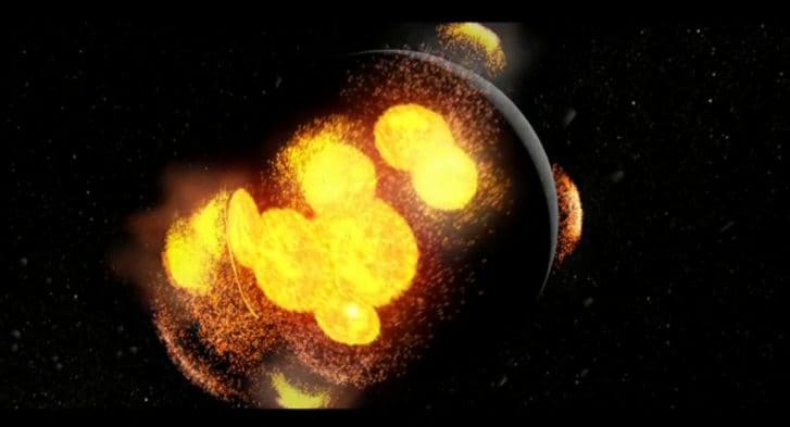 Asteroids colliding with the moon billions of years ago.