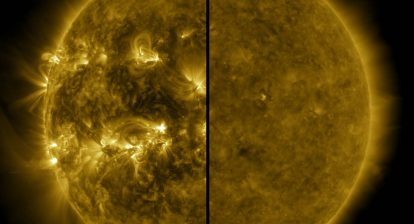This split image shows the difference between an active Sun during solar maximum (on the left, captured in April 2014) and a quiet Sun during solar minimum (on the right, captured in December 2019). December 2019 marks the beginning of Solar Cycle 25, and the Sun’s activity will once again ramp up until solar maximum, predicted for 2025. Credits: NASA/SDO