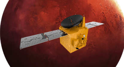 Foreground: UAE Hope Orbiter, Background Mars.