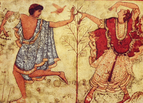 Etruscan clothing on Dancers from the walls of the Etruscan Tomb of the Triclinium, Tarquinia, central Italy. c. 470 BCE by The Yorck Project