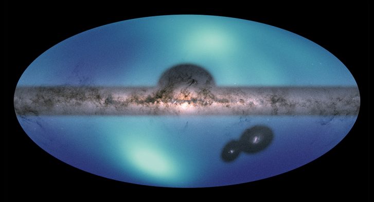 Images of the Milky Way and the Large Magellanic Cloud (LMC) are overlaid on a map of the surrounding galactic halo. The smaller structure is a wake created by the LMC’s motion through this region. The larger light-blue feature corresponds to a high density of stars observed in the northern hemisphere of our galaxy. Credits: NASA/ESA/JPL-Caltech/Conroy et. al. 2021