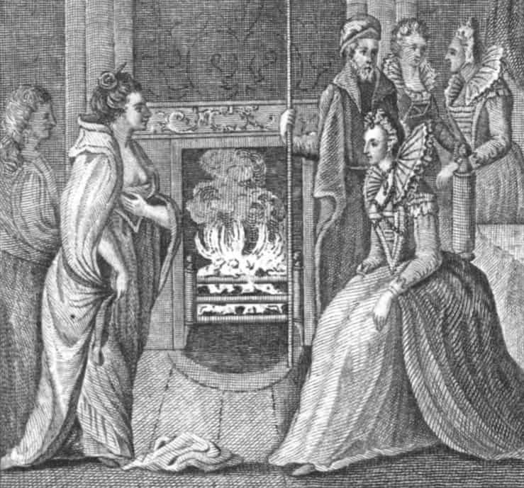 The meeting of Grace O'Malley and Queen Elizabeth I (illustration from Anthologia Hibernica 1793)