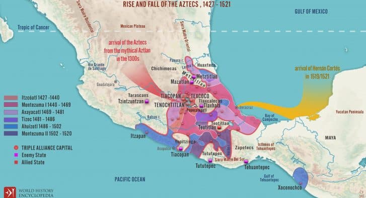 A map illustrating the origins and territorial expansion of the Aztec Empire in Mesoamerica between the 14th and 16th centuries. 360 on History