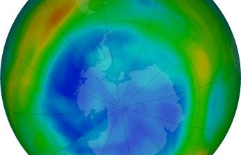 The latest false-color view of total ozone over the Antarctic pole. The purple and blue colors are where there is the least ozone, and the yellows and reds are where there is more ozone. Aug 17, 2021. Montreal Protocol.