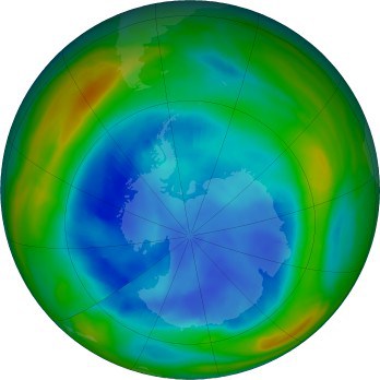 The latest false-color view of total ozone over the Antarctic pole. The purple and blue colors are where there is the least ozone, and the yellows and reds are where there is more ozone. Aug 17, 2021. Montreal Protocol.