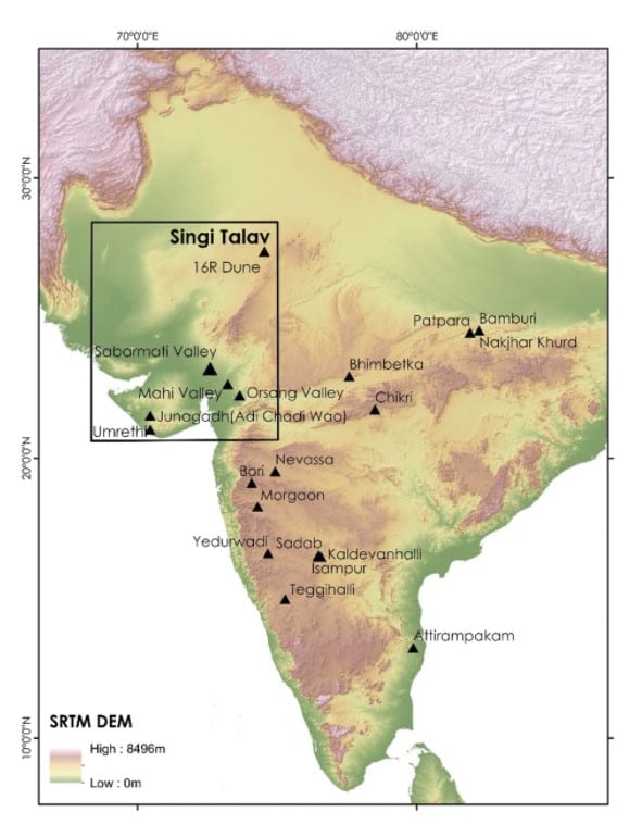 Map of South Asia indicating Singi Talav in Thar Desert Rajasthan and other Acheulian sites in India.