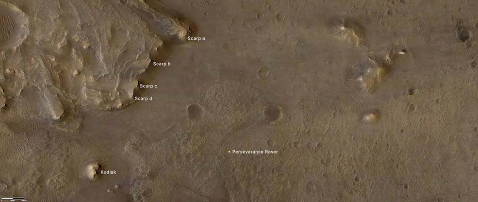 This annotated image indicates the locations of NASA’s Perseverance rover (lower right), as well as the “Kodiak” butte (lower left) and several prominent steep banks known as escarpments, or scarps, along the delta of Jezero Crater. Credits: NASA/JPL-Caltech/University of Arizona/USGS