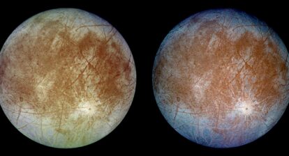 Natural and False colour views of Europa taken in 1997 by the Galileo Spacecraft. Credits: NASA, NASA-JPL, University of Arizona