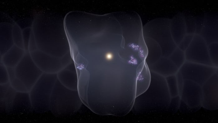 Artist's illustration of the Local Bubble with star formation occurring on the bubble's surface. Scientists have now shown how a chain of events beginning 14 million years ago with a set of powerful supernovae led to the creation of the vast bubble, responsible for the formation of all young stars within 500 light years of the Sun and Earth.