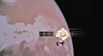 Tianwen-1 Orbiter orbiting Mars. Image released on Jan 1, 2022 by China National Space Administration
