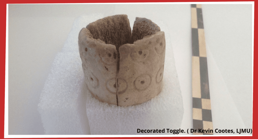 Decorated toggle made with red deer antler bone found at Poulton, Cheshire by the Poulton Researcg Project.
