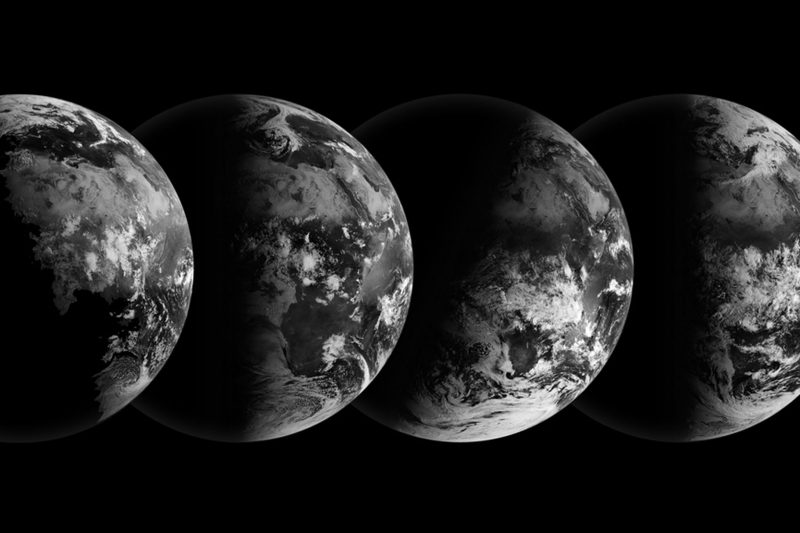 Satellite views of Earth on the solstices and equinoxes. From left to right, a June solstice, a September equinox, a December solstice, a March equinox, via NASA Earth Observatory.