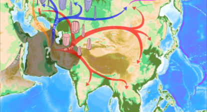 Schematic representation of the peopling of Eurasia through repeated waves of expansion from an out of Africa population Hub (grey-shaded area, precise location is not known); the red arrows represents the expansion associated with Initial Upper Paleolithic material culture and the blue arrows the expansion associated with Upper Paleolithic assemblages. Kya= kylo years ago.