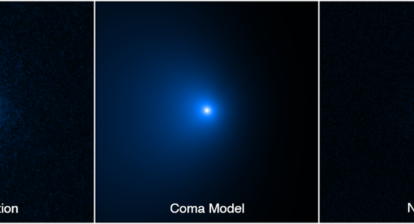 This sequence shows how the nucleus of Comet C/2014 UN271 (Bernardinelli-Bernstein) was isolated from a vast shell of dust and gas surrounding the solid icy nucleus. On the left is a photo of the comet taken by the NASA Hubble Space Telescope's Wide Field Camera 3 on January 8, 2022. A model of the coma (middle panel) was obtained by means of fitting the surface brightness profile assembled from the observed image on the left. This allowed for the coma to be subtracted, unveiling the point-like glow from the nucleus. Combined with radio telescope data, astronomers arrived at a precise measurement of the nucleus size. That's no small feat from something about 2 billion miles away. Though the nucleus is estimated to be as large as 85 miles across, it is so far away it cannot be resolved by Hubble. Its size is derived from its reflectivity as measured by Hubble. The nucleus is estimated to be as black as charcoal. The nucleus area is gleaned from radio observations. Credits: NASA, ESA, Man-To Hui (Macau University of Science and Technology), David Jewitt (UCLA); Image processing: Alyssa Pagan (STScI)
