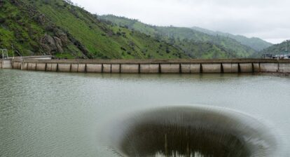 The Glory Hole spillway at Monticello Dam in operation, February 19, 2017.