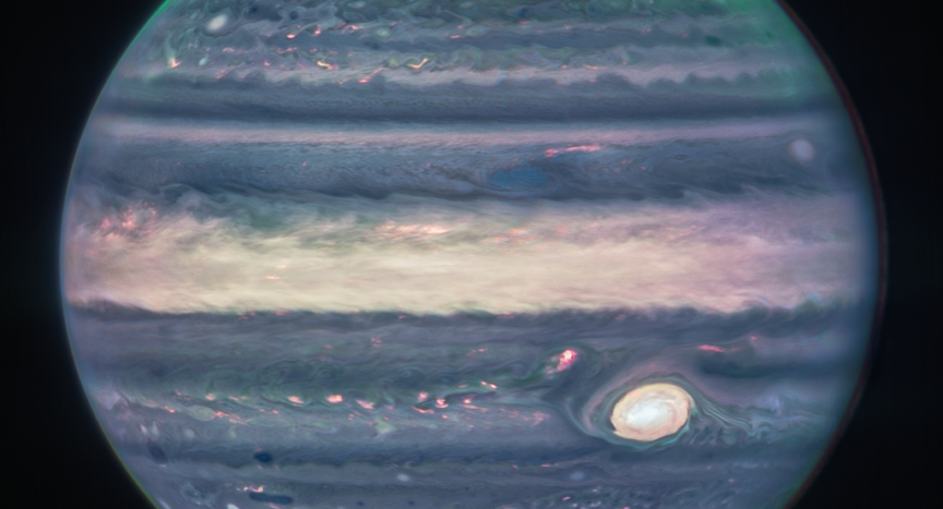 Powerful winds, auroras and the Great Red Spot on lower right on Jupiter by captured the James Webb Space Telescope's NIRCam NASA ESA CSA Jupiter ERS Team Processing Judy Schmidt