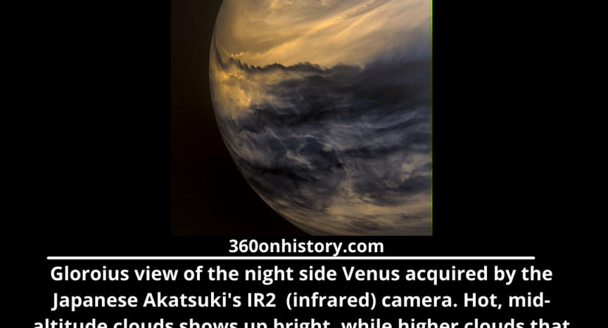Image of night side of Venus captured by Japanese Akatsuki spacecraft with text explaining the image. The image was captured by an infrared camera and shows bright hot mid altitude clouds, while higher clouds that block the heat appear dark.