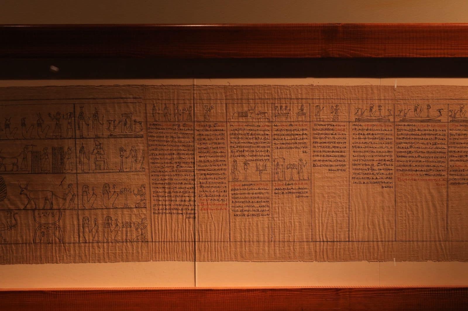 The 52-foot-long scroll was found at Saqqara in May 2022. It contains chapters from the Book of the Dead. It was recently restored and translated into Arabic and is now on display at The Egyptian Museum in Cairo. The text is written in hieratic, a script derived from hieroglyphs. Here images and texts can be seen.