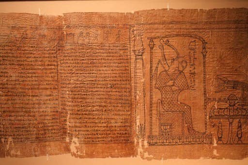 The 52-foot-long scroll was found at Saqqara in May 2022. It contains chapters from the Book of the Dead. It was recently restored and translated into Arabic and is now on display at The Egyptian Museum in Cairo. The text is written in hieratic, a script derived from hieroglyphs. Here images and texts can be seen.