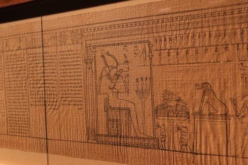 The 52-foot-long scroll was found at Saqqara in May 2022. It contains chapters from the Book of the Dead. It was recently restored and translated into Arabic and is now on display at The Egyptian Museum in Cairo. The text is written in hieratic, a script derived from hieroglyphs. Here images can be seen.