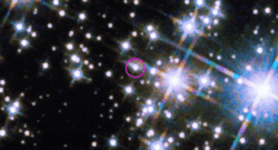 The Hubble Space Telescope’s Wide Field Camera 3 revealed the infrared afterglow (circled) of the BOAT GRB and its host galaxy, seen nearly edge-on as a sliver of light extending to the burst's upper left. This composite incorporates images taken on Nov. 8 and Dec. 4, 2022, one and two months after the eruption. Given its brightness, the burst’s afterglow may remain detectable by telescopes for several years. The picture combines three near-infrared images taken each day at wavelengths from 1 to 1.5 microns. Credit: NASA, ESA, CSA, STScI, A. Levan (Radboud University); Image Processing: Gladys Kober