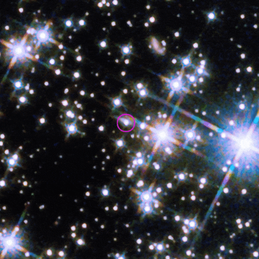 The Hubble Space Telescope’s Wide Field Camera 3 revealed the infrared afterglow (circled) of the BOAT GRB and its host galaxy, seen nearly edge-on as a sliver of light extending to the burst's upper left. This composite incorporates images taken on Nov. 8 and Dec. 4, 2022, one and two months after the eruption. Given its brightness, the burst’s afterglow may remain detectable by telescopes for several years. The picture combines three near-infrared images taken each day at wavelengths from 1 to 1.5 microns. Credit: NASA, ESA, CSA, STScI, A. Levan (Radboud University); Image Processing: Gladys Kober