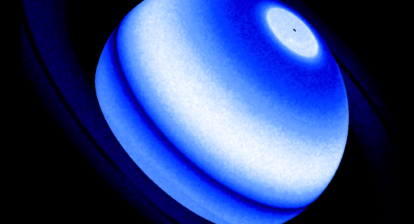 This composite image shows the Saturn Lyman-alpha bulge, an emission from hydrogen which is a persistent and unexpected excess detected by three distinct NASA missions, namely Voyager 1, Cassini, and the Hubble Space Telescope between 1980 and 2017. A Hubble near-ultraviolet image, obtained in 2017 during the Saturn summer in the northern hemisphere, is used as a reference to sketch the Lyman-alpha emission of the planet. The rings appear much darker than the planet's body because they reflect much less ultraviolet sunlight. Above the rings and the dark equatorial region, the Lyman-alpha bulge appears as an extended (30 degree) latitudinal band that is 30 percent brighter than the surrounding regions. A small fraction of the southern hemisphere appears between the rings and the equatorial region, but it is dimmer than the northern hemisphere. North of the bulge region (upper-right portion of image), the disk brightness declines gradually versus latitude toward the bright aurora region that is here shown for reference (not at scale). A dark spot inside the aurora region represents the footprint of the spin axis of the planet. It's believed that icy rings particles raining on the atmosphere at specific latitudes and seasonal effects cause an atmospheric heating that makes the upper atmosphere hydrogen reflect more Lyman-alpha sunlight in the bulge region. This unexpected interaction between the rings and the upper atmosphere is now investigated in depth to define new diagnostic tools for estimating if distant exoplanets have extended Saturn-like ring systems. Credits: NASA, ESA, Lotfi Ben-Jaffel (IAP & LPL)