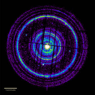 XMM-Newton images recorded 20 dust rings, 19 of which are shown here in arbitrary colors. This composite merges observations made two and five days after GRB 221009A erupted. Dark stripes indicate gaps between the detectors. A detailed analysis shows that the widest ring visible here, comparable to the apparent size of a full moon, came from dust clouds located about 1,300 light-years away. The innermost ring arose from dust at a distance of 61,000 light-years – on the other side of our galaxy. GRB221009A is only the seventh gamma-ray burst to display X-ray rings, and it triples the number previously seen around one. Credit: ESA/XMM-Newton/M. Rigoselli (INAF)
