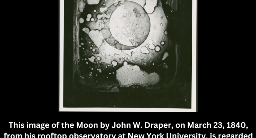 This image of the Moon by John W. Draper, on March 23, 1840, from his rooftop observatory at New York University, is regarded as the very first image ever captured of a celestial object. It was captured using the daguerreotype technique (exposing highly polished sliver plated copper to a light source).