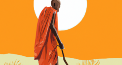 AI generated image of human walking across African savannah with a stick in right hand. There is a round white sun in the background against an orange sky