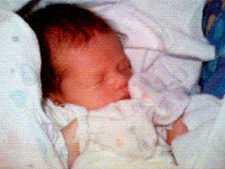 First ever camera phone photo of baby Sophie in the maternity ward, captured by her father Philippe Kahn. The grainy photo shows the baby asleep swaddled in blankets.
