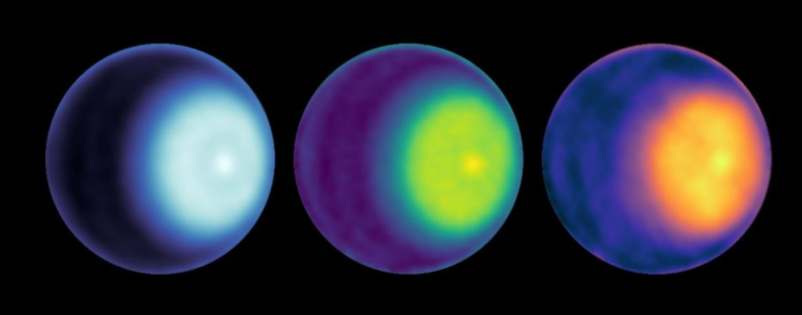 NASA scientists have made the first observation of a polar cyclone on Uranus. Using radio antenna dishes of the Very Large Array in New Mexico, they were able to peer below the methane clouds and determine there is circulating air at the planet's north pole that is warm and dry. These images were generated using the microwave observations – from left, in wavelength bands K, Ka, and Q. The average brightness was removed to enhance the contrast, and three different color maps were used to highlight various features. The cyclone is visible at the north pole, seen as a light-colored dot right of center in each image of Uranus. The observations used to generate these images were made in October 2021.