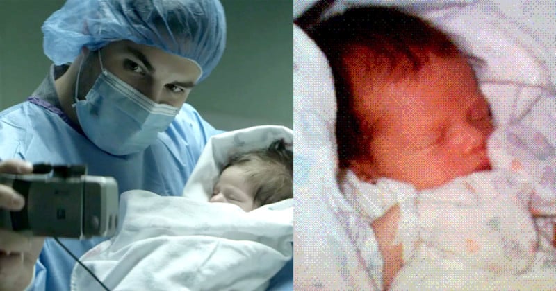Composite image: Left, Philippe Kahn taking the first ever photo sent by a phone. Right image baby Sophie asleep , taken by Philippe Kahn after his daughter's birth.