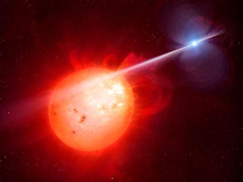 Artist's impression of a white dwarf pulsar. In this binary star system, a rapidly spinning white dwarf (right) accelerates electrons to nearly the speed of light. These high-energy particles produce bursts of radiation that strike the accompanying red dwarf star (left), causing the entire system to pulsate from the radio to the X-ray range. Credit: M. Garlick/University of Warwick/ESO