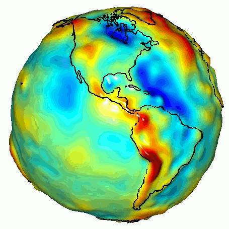 A map of the gravity gradients across Earth, where blue is low and red is high. Image credit: NASA/JPL/University of Texas Center for Space Research