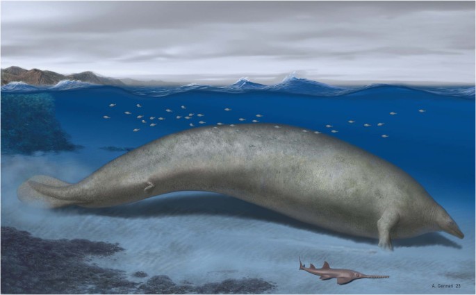 Reconstruction of Perucetus colossus in its coastal habitat. A whale-like creature is swimming in the ocean.
