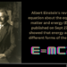 Albert Einstein in 1921. Text says Einstein's revolutionary equation about the equivalence of matter and energy E=MC2 is published on September 27, 1905
