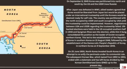Picture on the left showing Closeup of the Korean Demilitarized Zone that surrounds the Military Demarcation Line. Text on the right saying: On September 8, 1945 Korea was partitioned into north and south by the US and the USSR (now Russia). On September 8, 1945 Korea was partitioned into north and south by the US and the USSR (now Russia). After Japan was defeated in WWII, allied leaders agreed that Korea would be liberated from Japan but would be placed under an international trusteeship until the Koreans would be deemed ready for self-rule. The country was partitioned with the north occupied by USSR and south occupied by USA until the trusteeship could be implemented. However, negotiations between USA and USSR regarding the trusteeship failed. UN-backed elections were held In the US-occupied southern half in 1948 and Syngman Rhee won the election, while Kim Il Sung consolidated his position as the leader of Soviet-occupied northern Korea. This led to the establishment of the Republic of Korea in southern Korea on 15 August 1948, followed by the establishment of the Democratic People's Republic of Korea in northern Korea on 9 September 1948. On 25 June 1950, North Korea invaded South Korea in an attempt to re-unify the peninsula under its communist rule. The subsequent Korean War, which lasted from 1950 to 1953, ended with a stalemate and has left Korea divided by the Korean Demilitarized Zone (DMZ) up to the present day.