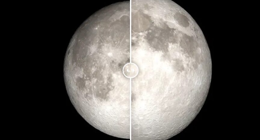 Comparison of regular full moon and super moon next to each other in a composite image.