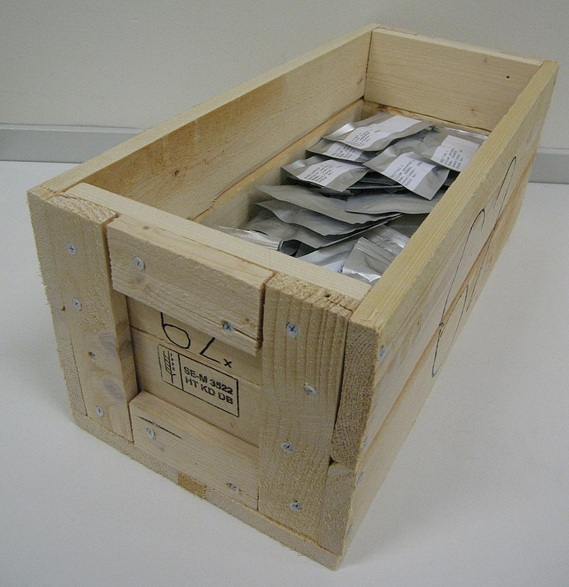 Storage box for the Nordic Gene Bank's Svalbard Global Seed Bank. While glass tubes had been used to store seeds, since 2004 they have been packed in aluminium bags. This storage box is 23.5 x 22.5 x 50.0 cm (9.25 x 8.86 x 19.69 in; height x width x length).