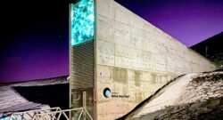 Entrance to the Svalbard or Doomsday Seed Vault during Polar Night, highlighting its illuminated artwork