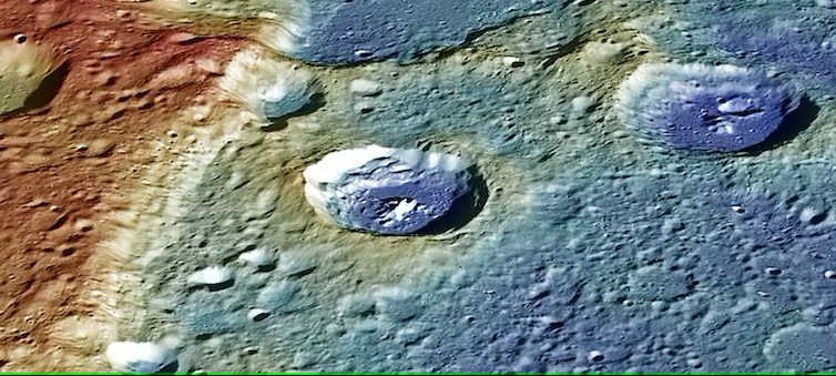 Perspective view of a lobate scarp on Mercury named Carnegie Rupes, colour-coded according to surface altitude. The crater near the middle is nearly 40 km across. NASA/Johns Hopkins University Applied Physics Laboratory/Carnegie Institution of Washington