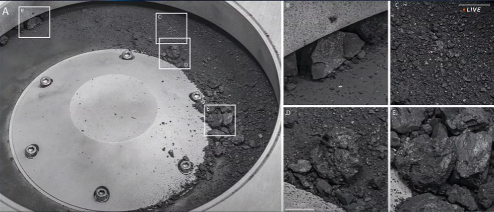 Different views of the OSIRIS-REx sample collector. Sample material from asteroid Bennu can be seen on the largest of the 5 panels of the image. on the remaining 4 panels different types dark grey of soil samples can be seen.