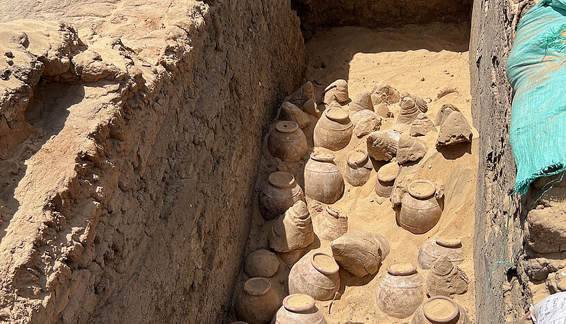 5,000-year-old wine jars in the tomb of Queen Meret-Neith in Abydos during the excavation. The jars are in their original context and some of them are still sealed. (Image credit: E.C. Kӧhler)
