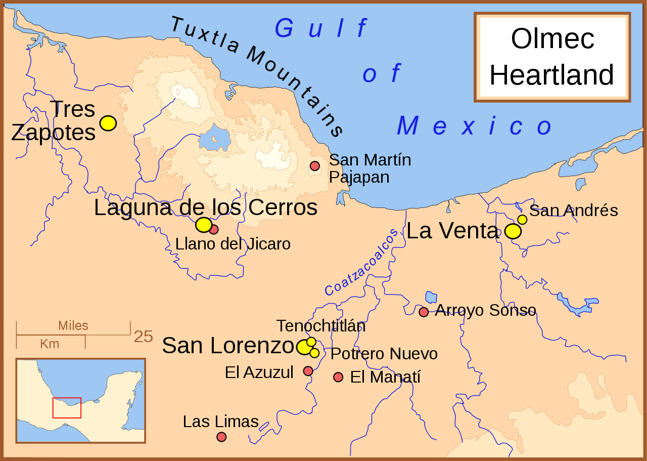 Map of the Olmec heartland. The Sierra de los Tuxtlas is marked as the Tuxtla Mountains.