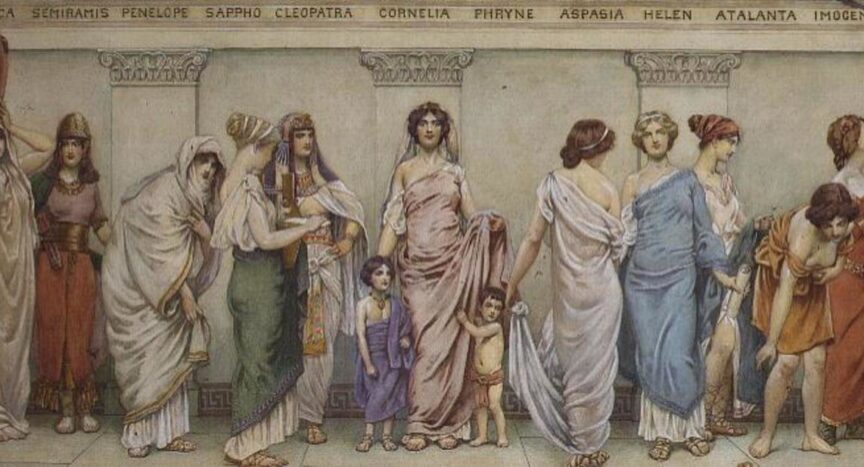 Women of antiquity painted by Frederick Dudley Walen. Text below says: How victorians liked to make ancient people all white. The great women of antiquity by Londoner Frederick Dudley Walenn (1869-1939). Miriam, Rebecca, Semiramis, Penelope, Sappho, Cleopatra, Cornelia, Phryne, Aspasia, Helen, Atalanta, and TWO Romano-Britons, Imogen & Boadicea. Ideal mother Cornelia.