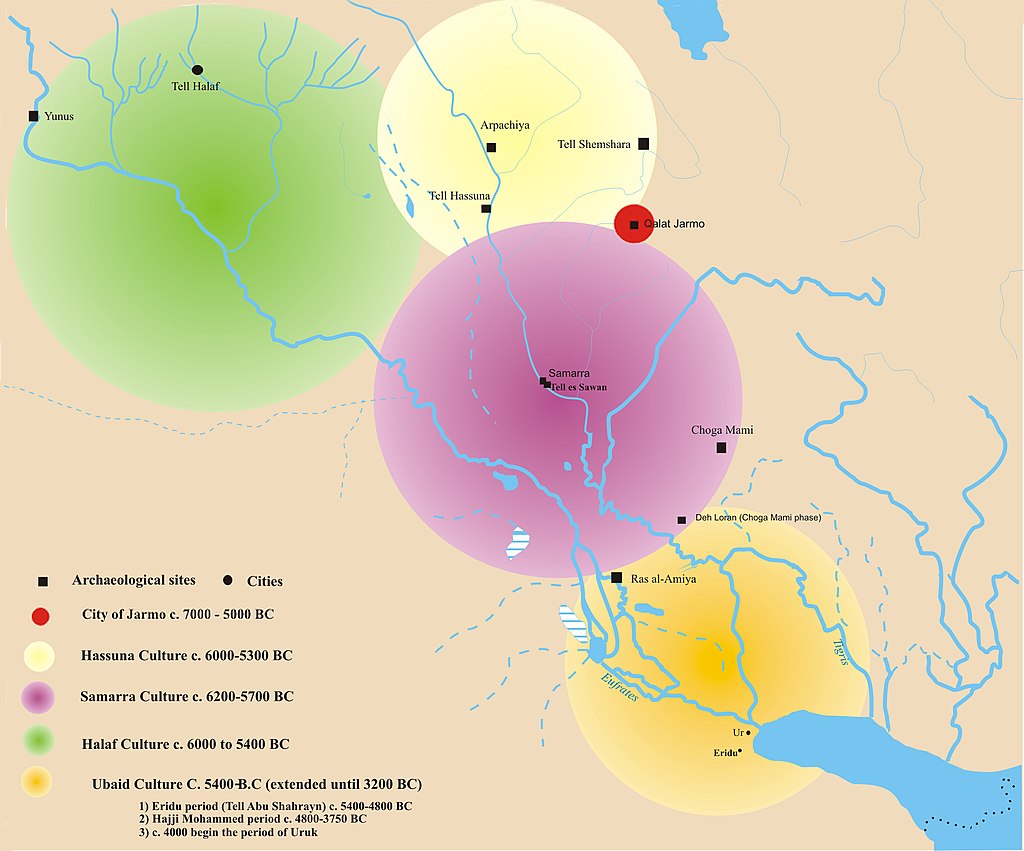 After early starts in Jarmo (red dot, circa 7500 BC), the civilization of Mesopotamia in the 7th–5th millennium BC was centered around the Hassuna culture in the north, the Halaf culture in the northwest, the Samarra culture in central Mesopotamia and the Ubaid culture in the southeast, which later expanded to encompass the whole region.