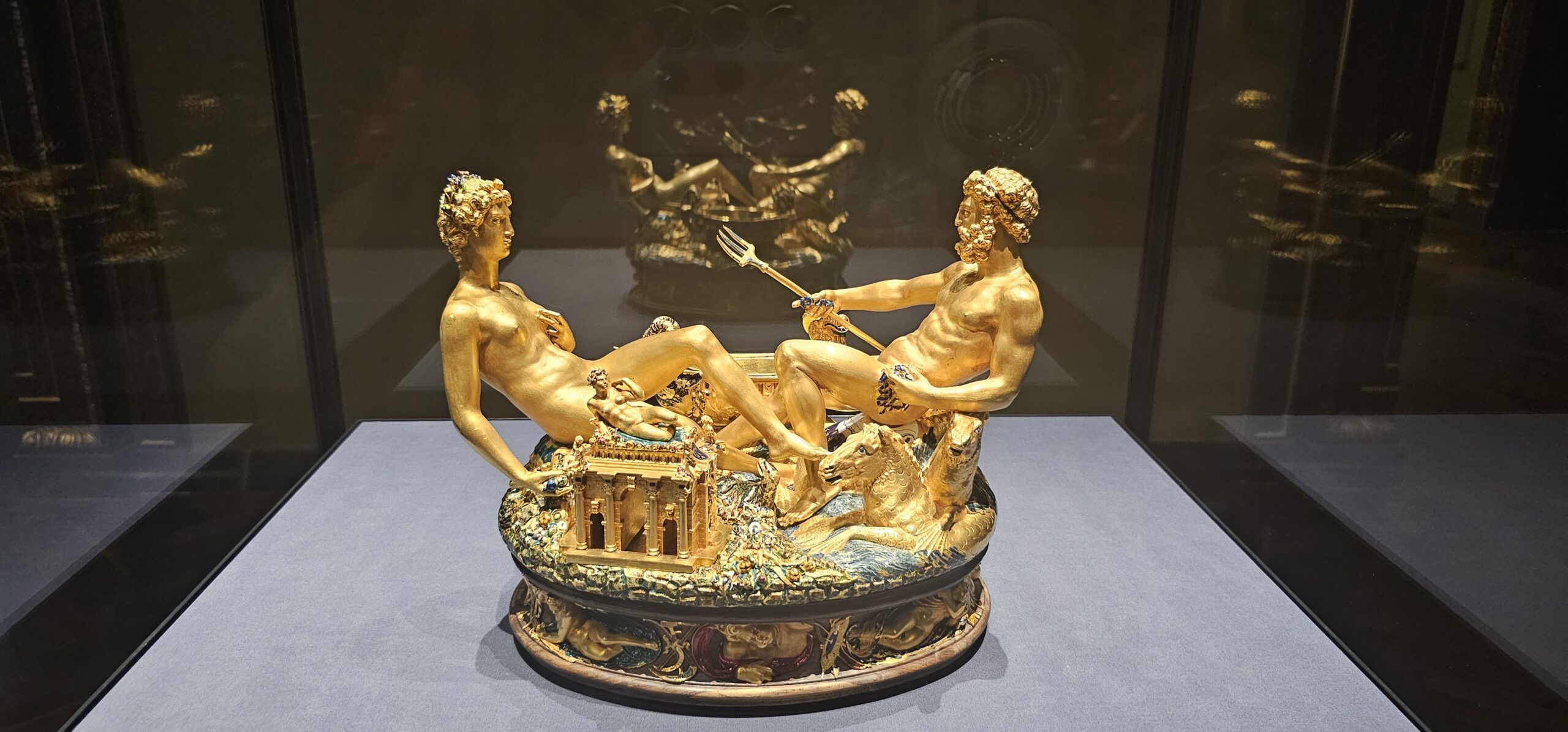The golden Cellini Salt Celler, a part-enamelled gold table sculpture by Benvenuto Cellini.